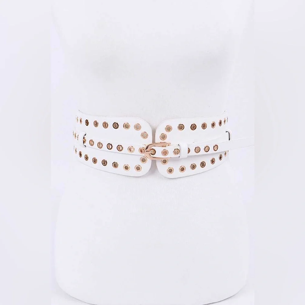 White Grommet Vegan Leather Statement Belt